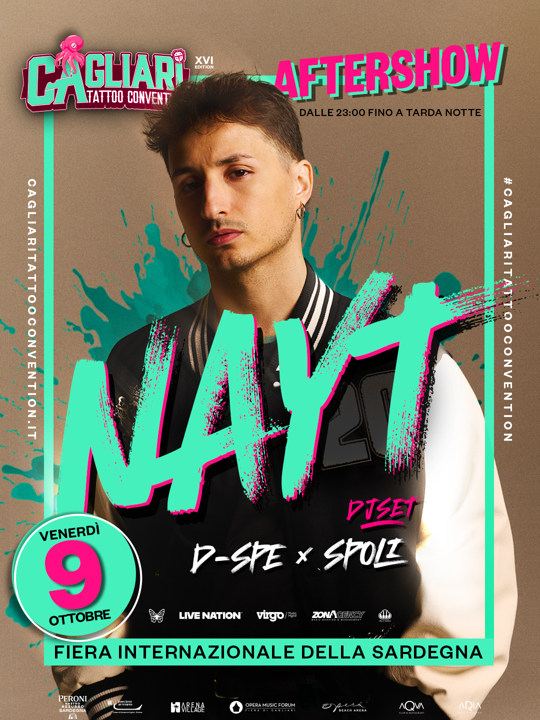 Locandina dell'Aftershow di venerdì della Cagliari Tattoo Convention con Nayt
